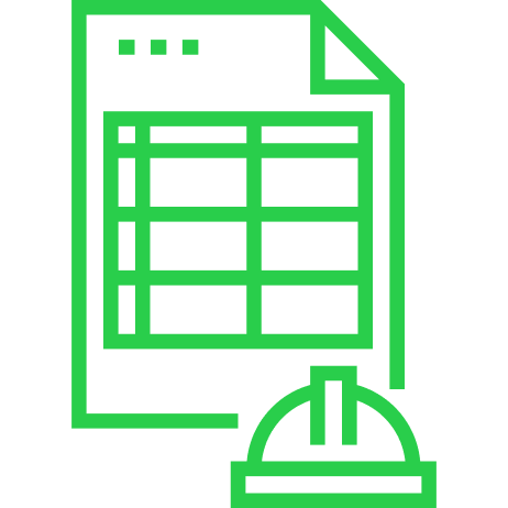 A green outline of a spreadsheet paired with a chef's hat icon below symbolizes a menu or recipe list, reflecting the organization and precision of a commercial general contractor.