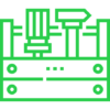 A green line art illustration showcases woodworking tools, such as a saw blade, chisel, hammer, and plane, skillfully arranged upright in a wooden toolbox—a nod to the precision and expertise of a commercial general contractor.