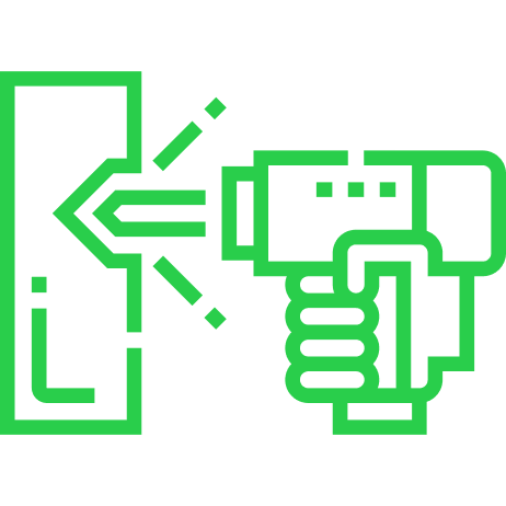 Illustration of a green outline depicting a hand holding a scanner, aimed at a rectangular object. Arrows indicate data transfer, symbolizing the scanning process often utilized by commercial general contractors to streamline operations and ensure precision on project sites.